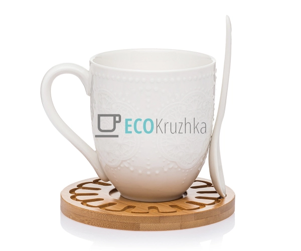 Чашка 300 мл із ложкой на бамбуковій підставці PJ03384 Чашка 300 мл із ложкой на бамбуковій підставці PJ03384