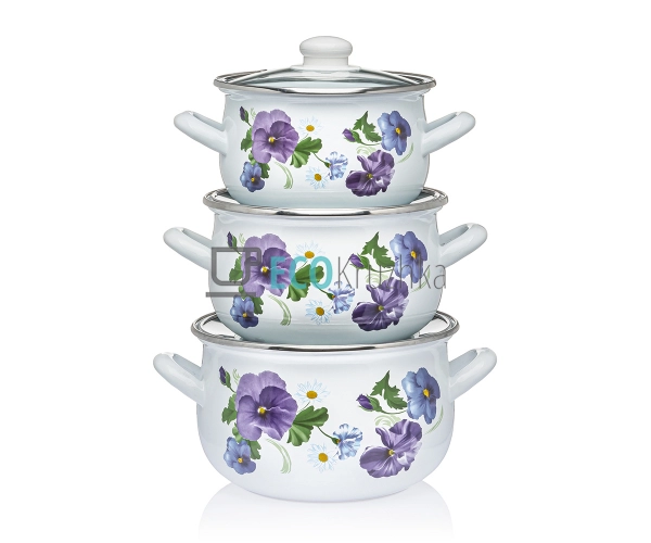 Набір із трьох емальованих кастрюль Фіалка Interos EK299 ... Набір із трьох емальованих кастрюль Фіалка Interos EK299 ...