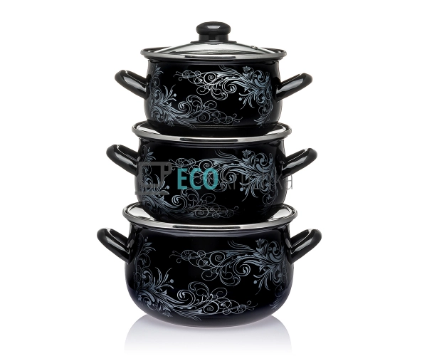 Набір із трьох емальованих кастрюль Чорне срібло Interos ...