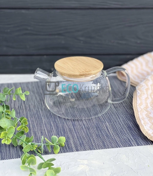 Чайник для заварювання скляний з бамбуковою кришкою 600  ...
