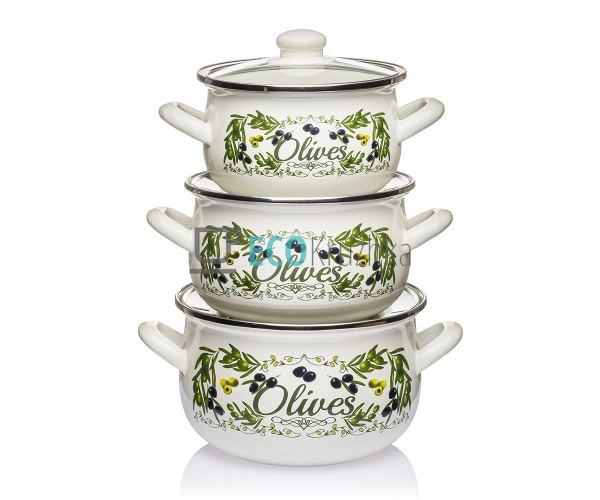Набір із трьох емальованих каструль Грецька олива Intero ... Набір із трьох емальованих каструль Грецька олива Intero ...
