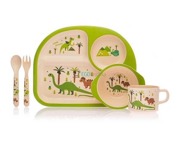 Набір дитячого посуду бамбуковий 5 приладів Динозавр Eco ...